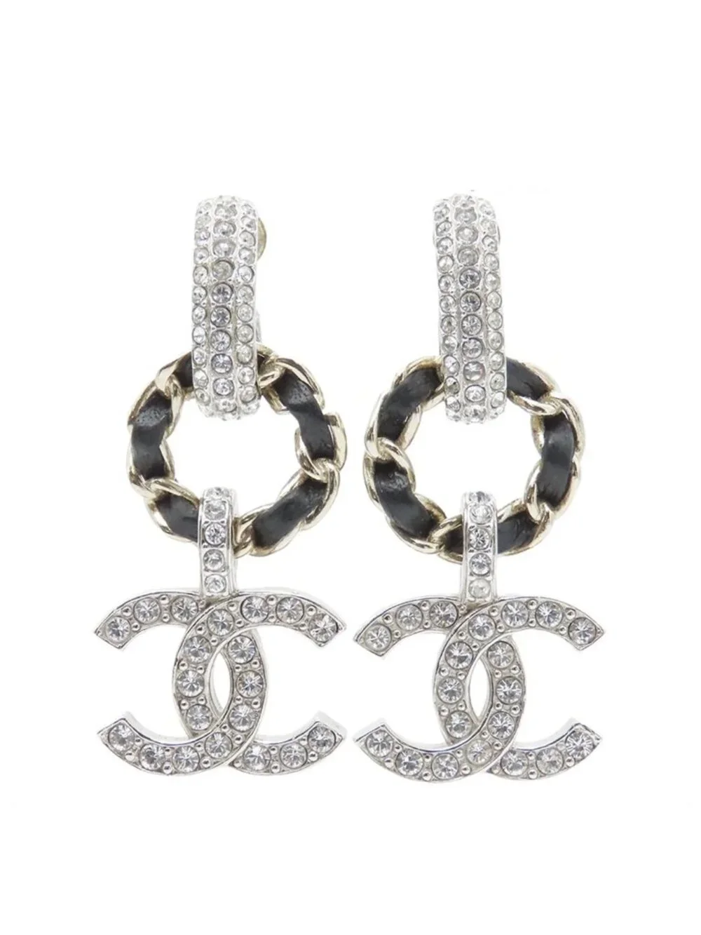 Chanel Earrings Silver Gold Metal Leather Rhinestone CC Logo Costume